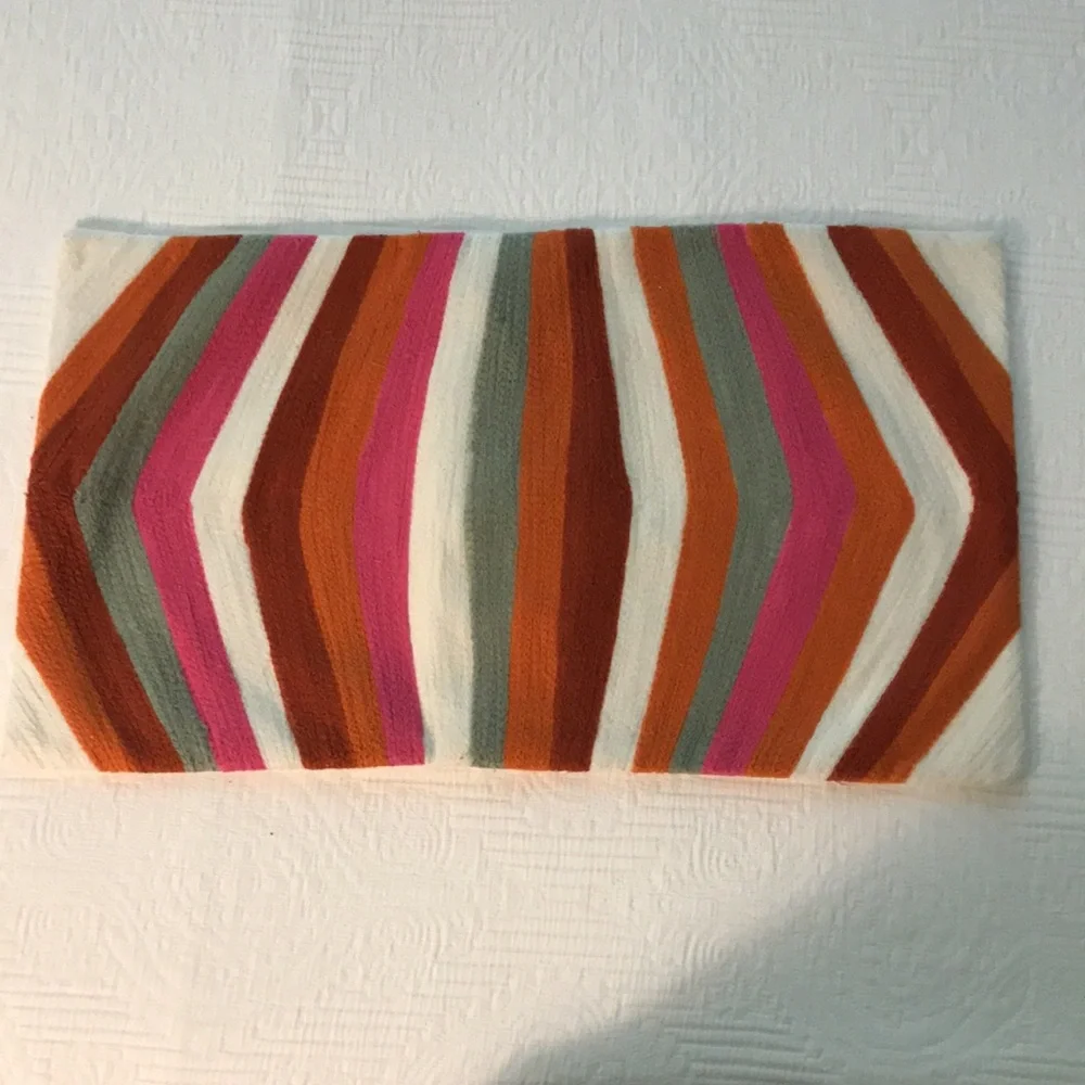 New West Elm Embroidered Striped Lumbar Pillow Cover Ivory Pink Gray Orange Rust
